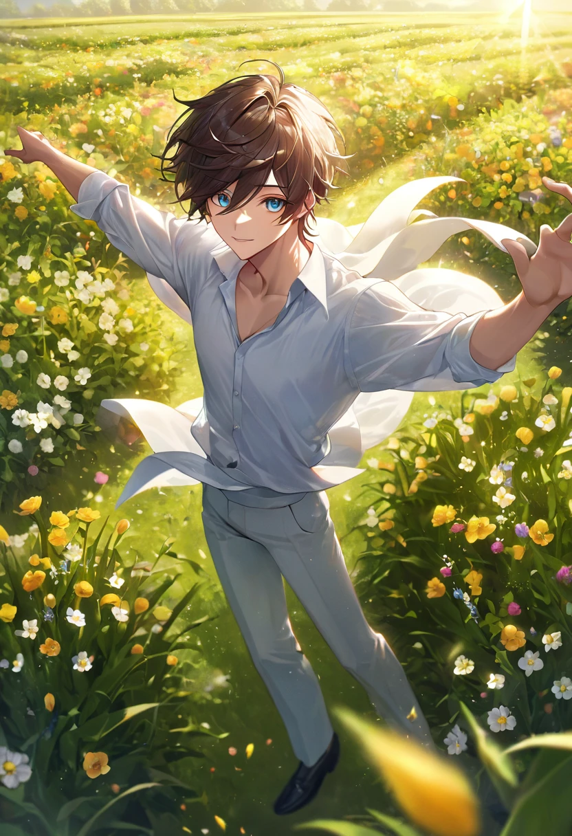 (masterpiece, 8K, Absurd, Digital Art, Digital Illustration, Realistic, Very detailed, Realistic lighting), (Perfect Face, Perfect Eyes, Perfect body), male,1 person, 20代の若いネクロマンサーのmale,Dancing in a flower field, Spin around, morning, Wide shot with flowers, High Angle, 柔らかいmorningの光, Character&#39;s happy expression, Colorful and gentle, Joy and freedom, Anime Style, Fascinating anime, Pixiv Fan Art,