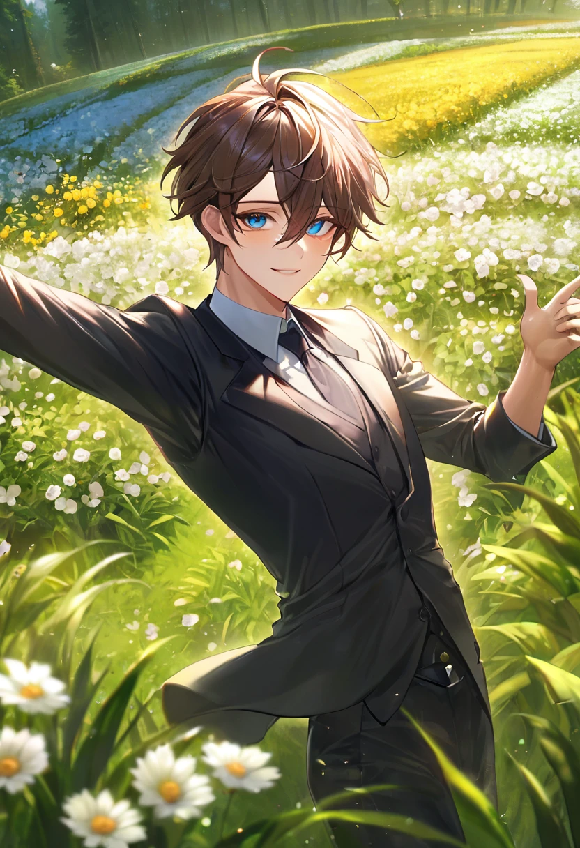 (masterpiece, 8K, Absurd, Digital Art, Digital Illustration, Realistic, Very detailed, Realistic lighting), (Perfect Face, Perfect Eyes, Perfect body), male,1 person, 20代の若いネクロマンサーのmale,Dancing in a flower field, Spin around, morning, Wide shot with flowers, High Angle, 柔らかいmorningの光, Character's happy expression, Colorful and gentle, Joy and freedom, Anime Style, Fascinating anime, Pixiv Fan Art,