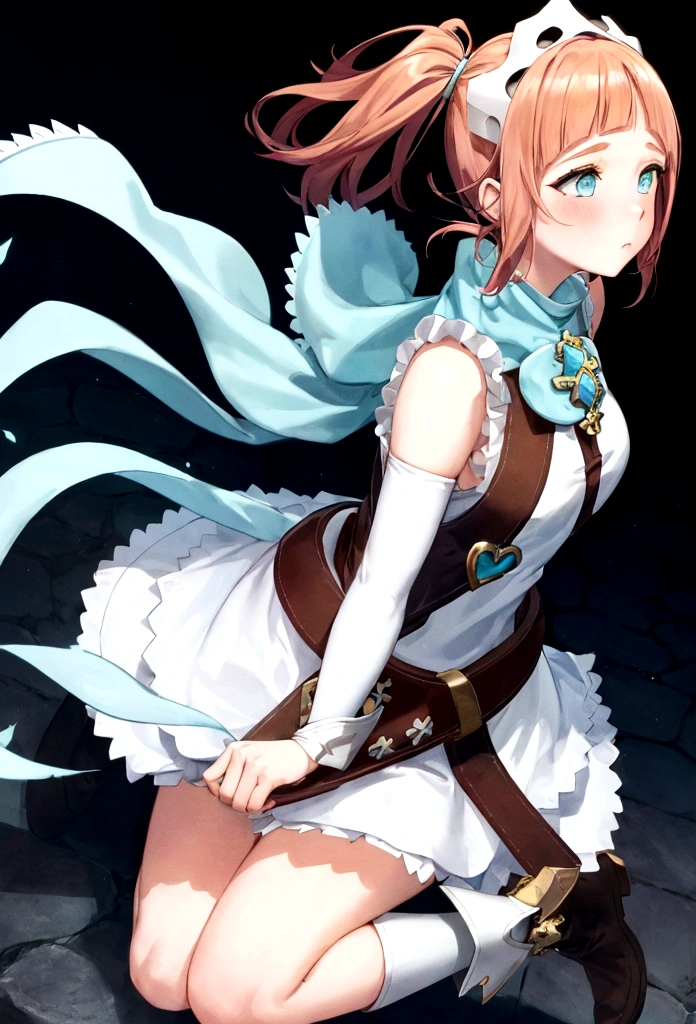 work of art, best qualityer, 2d anime style, White girl, short size hair, twin tails, light orange redhead, blush cheeks, turquoise eyes, long white dress with light blue details, silver details, sleeveless, elbow gloves, light blue scarf, waist belt, docile expression, diadem, Medieval theme, Priest Rpg, castle background, Healer, sky appearing, holding white scepter with blue details. fully body, concept art, Brown boots
