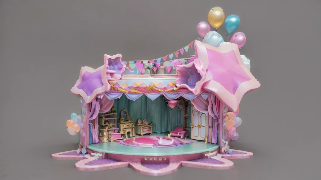 there is a small doll house with a stage and balloons, kawaii hq render, 3 d stylize scene, theater stage, in a candy land style house, 3 d render stylized, 3d magical details, theatre stage, stage, detailed set design, stage background, beautiful render of a fairytale, cute 3 d render, stylized 3d render