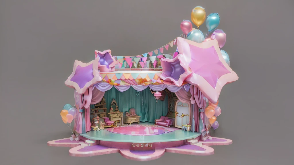 there is a small doll house with a stage and balloons, kawaii hq render, 3 d stylize scene, theater stage, in a candy land style house, 3 d render stylized, 3d magical details, theatre stage, stage, detailed set design, stage background, beautiful render of a fairytale, cute 3 d render, stylized 3d render