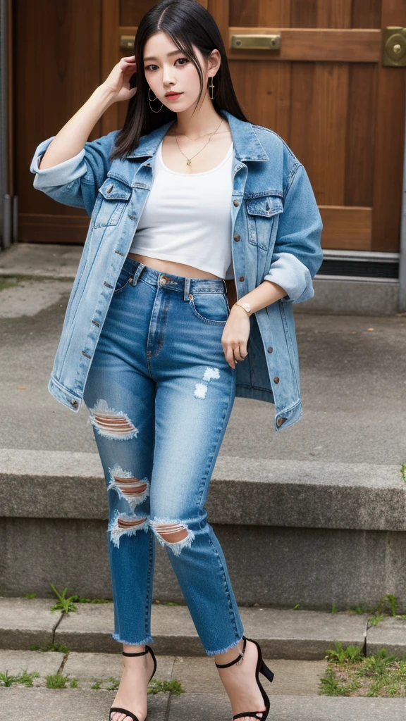 (8K, Realistic, RAW Photos, Highest quality: 1.4),Japanese idol-style beautiful girl,1 person,18-year-old,Hairstyle(Straight Long,Black),She has her hair tucked behind her ears,Large, clear grey eyes,Long eyelashes,(piercings(small)),(Lip gloss),lips(Plump,glossy),Tank top,Jacket,Distressed jeans that fit snugly against the skin,Long legs,Barefoot and high heels,In town,Front view,Full body portrait