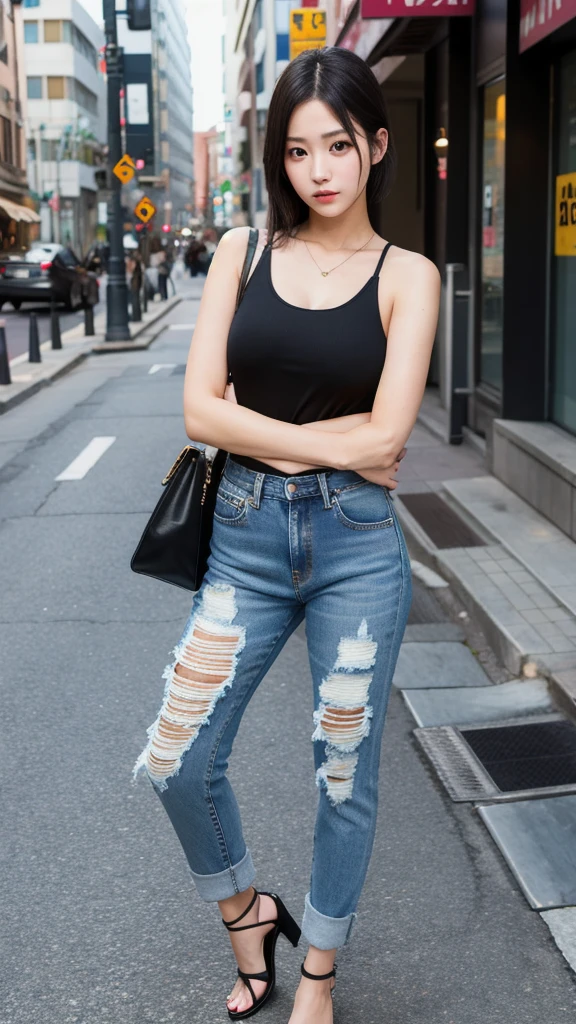 (8K, Realistic, RAW Photos, Highest quality: 1.4),Japanese idol-style beautiful girl,1 person,18-year-old,Hairstyle(Straight Long,Black),She has her hair tucked behind her ears,Large, clear grey eyes,Long eyelashes,(piercings(small)),(Lip gloss),lips(Plump,glossy),Tank top,Jacket,Distressed jeans that fit snugly against the skin,Long legs,Barefoot and high heels,In town,Front view,Full body portrait
