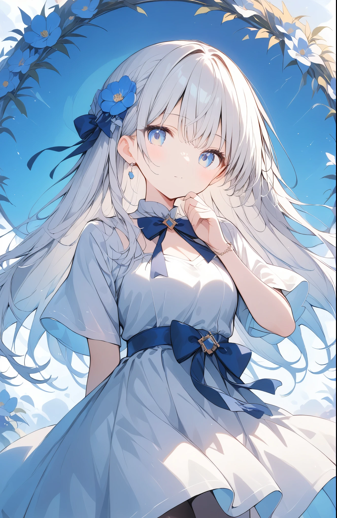 超High resolution, Attention to detail, high quality, High resolution, 最high quality, 4K, 8K, Awards、A young girl surrounded by flowers、White Dress、flowers in background、Light effect、White and blue world