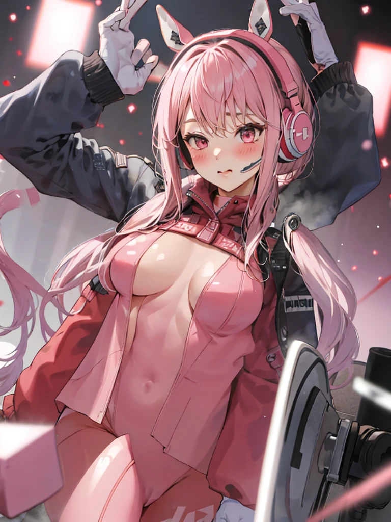 One girl, Animal ears, bangs, blush, Bodysuits, chest, Mouth closed, fake Animal ears, gloves, Headphones, headset, Horse&#39;s ears, Impossible clothes, Jacket, Big tits Long hair, Long sleeve, View your viewers, pink Bodysuits, Pink Eyes, Simple Background, Fits perfectly to the skin, smile, alone, Twin tails, Upper Body, Very long hair, White Background, white gloves, Gray Hair,Alice \(Nod\),(masterpiece:1.4),(Highest quality:1.4),(Shiny skin),Realistic
