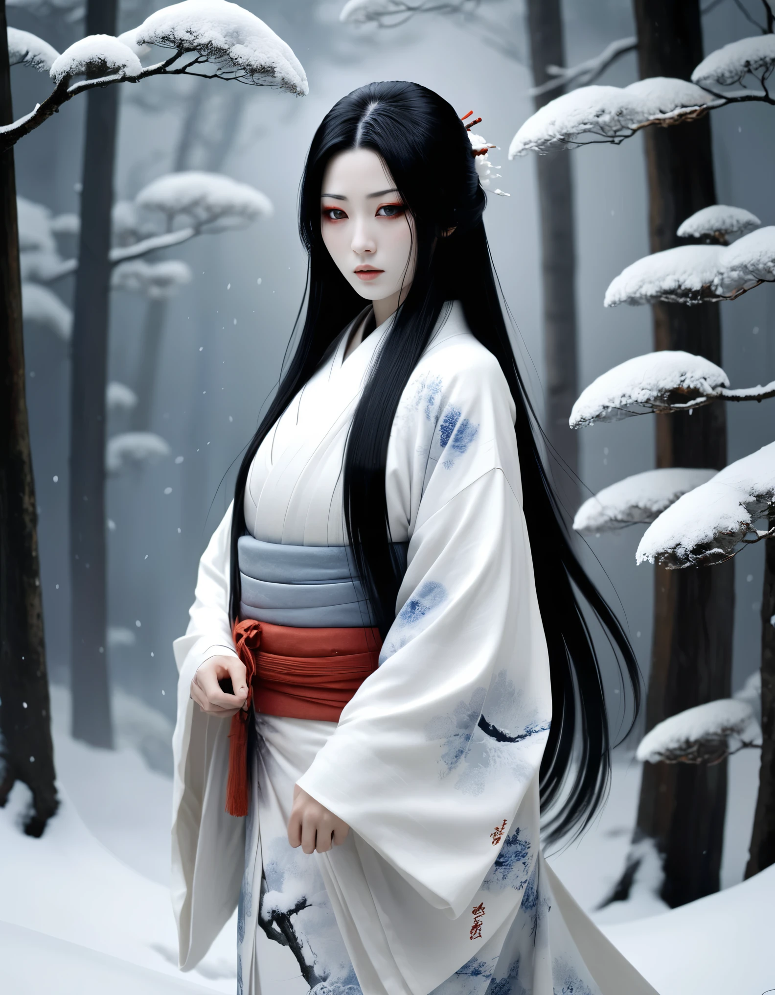 Yuki-onna: "Generate a hyper-realistic and high-definition image of a Yuki-onna, a beautiful but eerie snow woman from Japanese legends, with long black hair and a flowing white kimono."