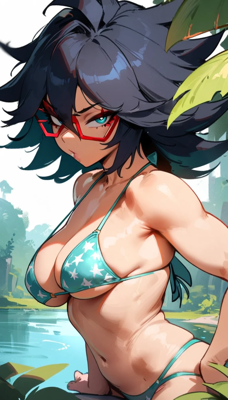 1girl, midnight \(boku no hero academia\), boku no hero academia \\\\\ masterpiece, best quality, very aesthetic, absurdres, newest \\\\\\ slim body,///// ,by nyantcha,cutesexyrobutts , by khyle,,////// beautiful face, sexy,  ,  greenery,bikini, lake, looking at viewer, close-up