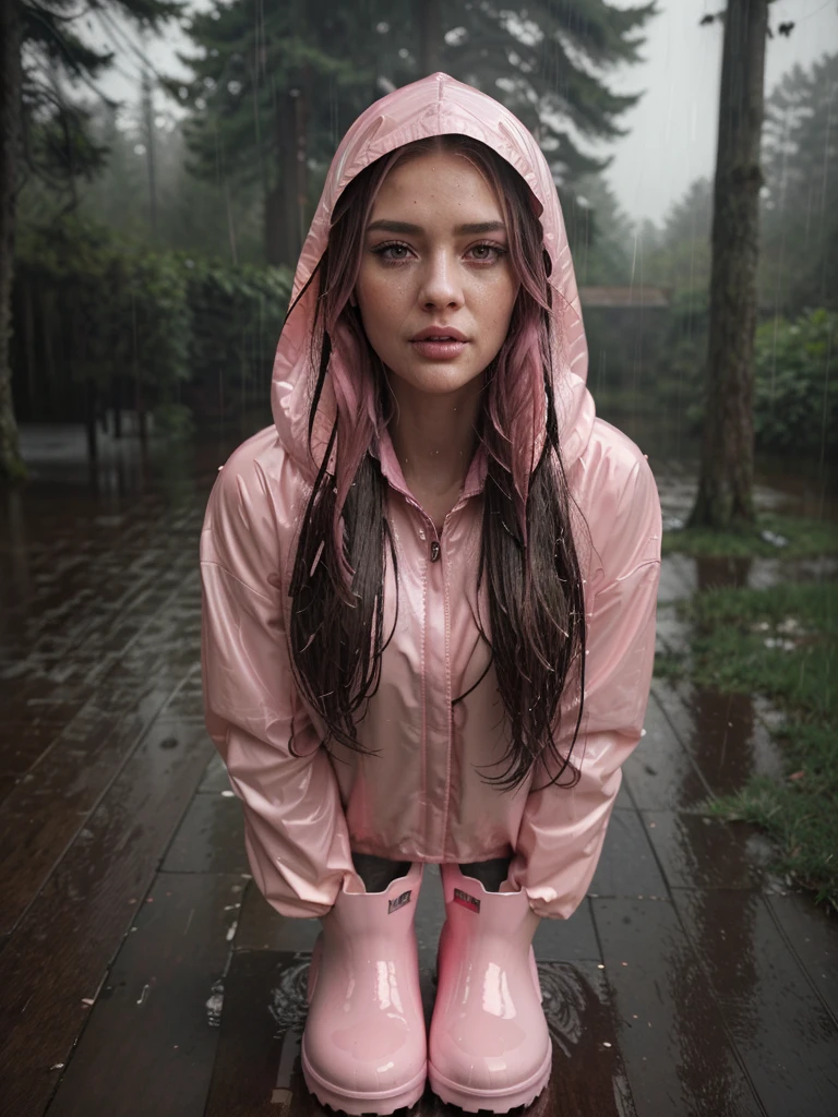 a pretty girl in a long pink shiny A frame buttoned raincoat, tall pink rainboots, long hair, wearing a hood, soaking wet in the rain, detailed facial features, beautiful detailed eyes, beautiful detailed lips, extremely detailed face and eyes, longeyelashes, photorealistic, 8k, masterpiece, highly detailed, intricate details, cinematic lighting, dramatic lighting, moody atmosphere, rainy, stormy weather, lush nature, forest background