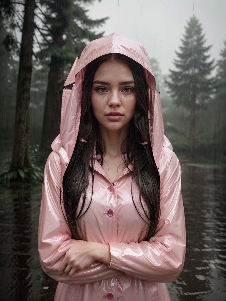a pretty girl in a long pink shiny A frame buttoned raincoat, tall pink rainboots, long hair, wearing a hood, soaking wet in the rain, detailed facial features, beautiful detailed eyes, beautiful detailed lips, extremely detailed face and eyes, longeyelashes, photorealistic, 8k, masterpiece, highly detailed, intricate details, cinematic lighting, dramatic lighting, moody atmosphere, rainy, stormy weather, lush nature, forest background