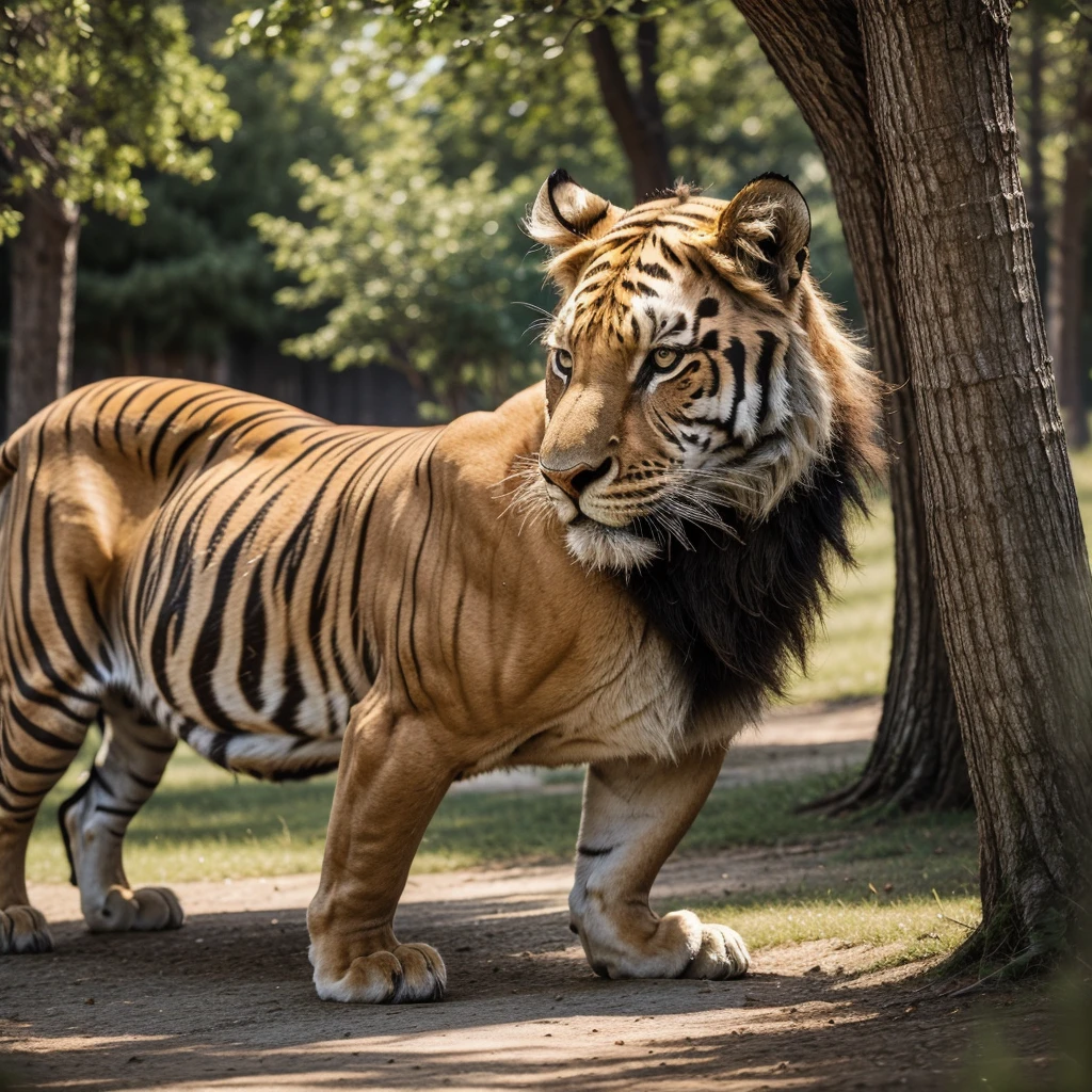 A person has a large pet such as a lion, Tiger's Taiwanese actor looks up from a super-tall skyscraper out of the large floor-to-ceiling windows,There are luxury cars indoors, There are large works of art, Outside the window is the city of the future
