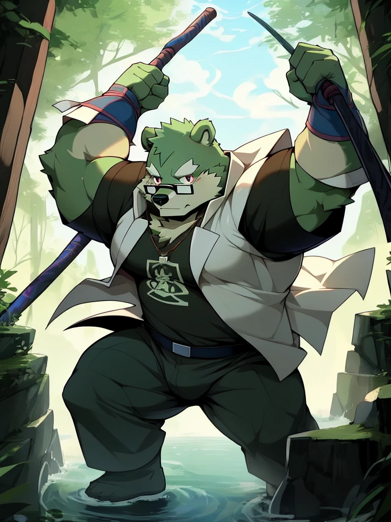New Jersey 5 Hairy, masterpiece, high quality, anime, detailed eyes, male jinpei, anthro, bear, Great physique, strong arms manly, (((green bear))), (((green fur))), green hair, beard, white eyebrows, bald, detailed red eyes, tall, Joyful, (black t-shirt inside), (((white unhooded trench coat ))), by zixiong, glasses, action pose, mage staff, mage pose,