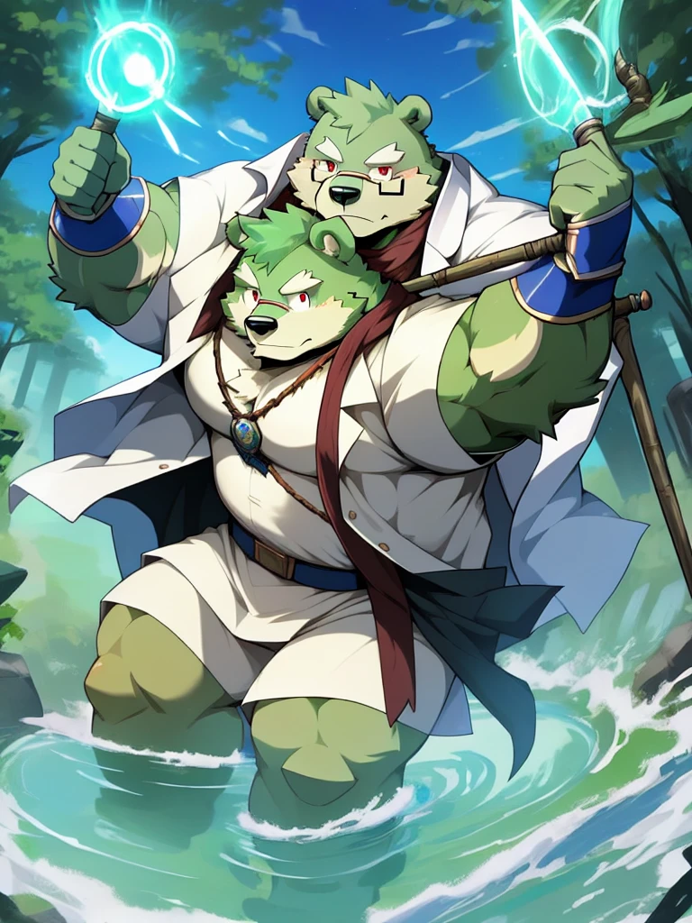 New Jersey 5 Hairy, masterpiece, high quality, anime, detailed eyes, male jinpei, anthro, bear, Great physique, strong arms manly, (((green bear))), (((green fur))), green hair, beard, white eyebrows, bald, detailed red eyes, tall, Joyful, (black t-shirt inside), (((white unhooded trench coat ))), by zixiong, glasses, action pose, mage staff, mage pose,