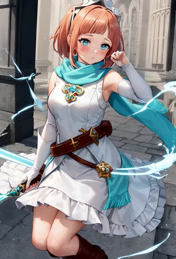 work of art, best qualityer, 2d anime style, White girl, short size hair, twin tails, light orange redhead, blush cheeks, turquoise eyes, long white dress with light blue details, silver details, sleeveless, elbow gloves, light blue scarf, waist belt, docile expression, diadem, Medieval theme, Priest Rpg, castle background, Healer, sky appearing, holding white scepter with blue details. fully body, concept art, Brown boots
