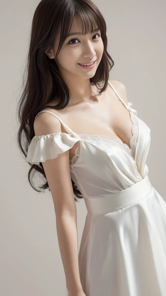 ((1 girl)), Very beautiful Japanese idol portraits, (RAW Photos, Highest quality), (Realistic, Realistic:1.4), (masterpiece), Very delicate and beautiful, Very detailed, 2k wallpaper, wonderful, finely, Very detailed CG Unity 8K 壁紙, Very detailed, High resolution, Soft Light, Beautiful detailed girl, Very detailed目と顔, Beautiful and detailed nose, finelyて美しい目, Cinema Lighting, (Simple light color background:1.3), (Long Hair), (Parted bangs), Complete Anatomy, Slender body, Small breasts, smile, ((Full body shot)), , (White chemise),(Panty lines),Sexy pose,Vibrant,((secretary)),Slender,(Long legs),(White long slip skirt),((race)),Thin silk-like,