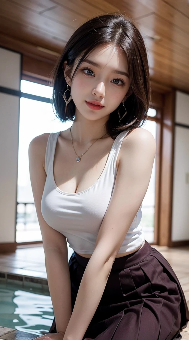 Top-quality Realistic,Official art,Highly detailed CG Unity 8k wallpaper,ultra-detailliert,hight resolution,Physically-based rendering,Magnificat,finely detail,masterpiece,Best Quality,ultra detailed, Face Light,Mature beauty,Beautiful girl,1girl,moist lips,sexy lips,Sexy smile,Gentle smile, 20 years old, Beautiful bare skin,Smooth bare skin,(Beautiful and radiant skin), big well-shaped breasts, beautiful cleavage,beautiful Mature body,swept bangs,(Medium hair:1.3), beautiful detailed eyes,model shoot style,Japanese Idol, Full-body,((A changing room in an open-air bath with only a partition board that can be seen from all around:1.3)),BREAK,(panty lift:1.3), (White see-through tank top:1.2), BREAK,(Dark red pleated skirt:1.3),BREAK,(Heart shaped necklace),(Triangle ornament earrings),BREAK,(upper body:1.3), (leaning forward:1.3), looking down,shoot from below,gentle smile like a goddess, ((Extreme close-up)),
