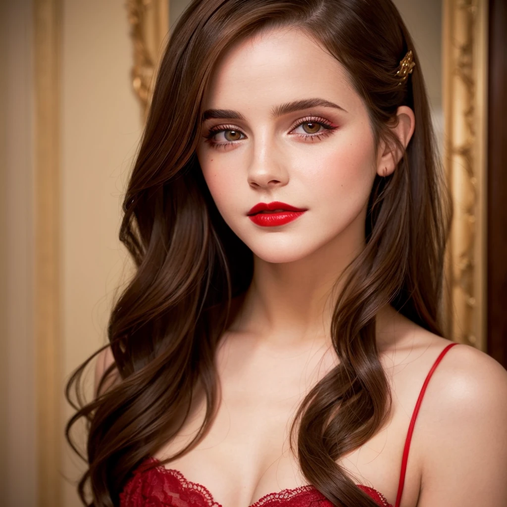 there is a woman with Red lipstick and a red lip, light-Red lips, Focus on pursed lips, luscious Red lips, Red lipstick on face, Red lips, faint Red lips, wide golden eyes and Red lips, detailed face with Red lips, Sexy lips :5 Stylish, Emma Watson's face, Red lipstick, high cheekbones, Winona Ryder