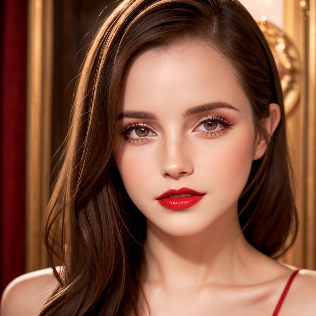 there is a woman with Red lipstick and a red lip, light-Red lips, Focus on pursed lips, luscious Red lips, Red lipstick on face, Red lips, faint Red lips, wide golden eyes and Red lips, detailed face with Red lips, Sexy lips :5 Stylish, Emma Watson&#39;s face, Red lipstick, high cheekbones, Winona Ryder