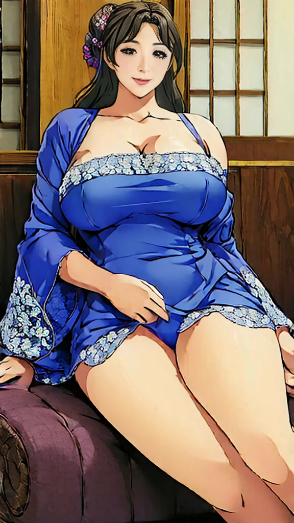 (((smile:1.3)))、round face、Big and ample breasts、Japanese woman wearing a blue flower lace miniunderwear、Sitting with Knees Up on sofa at living, spread legs、Place your hands on the floor behind your back