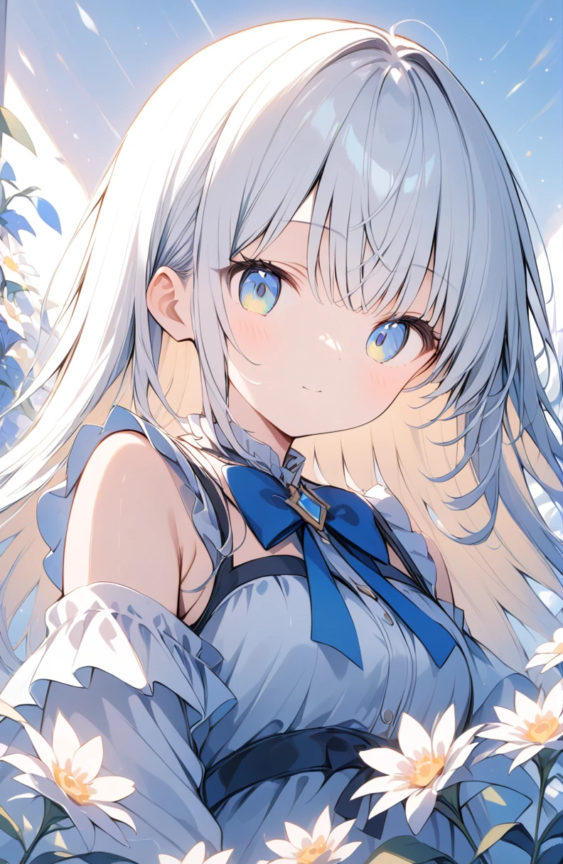 超High resolution, Attention to detail, high quality, High resolution, 最high quality, 4K, 8K, Awards、A young girl surrounded by flowers、White Dress、flowers in background、Light effect、White and blue world、カメラに向かってポーズ