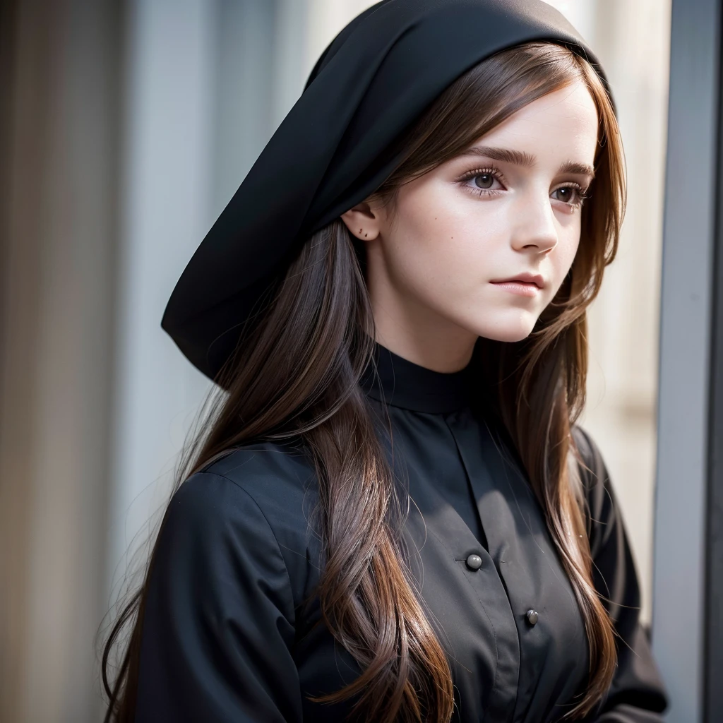 a close up of a woman with long hair wearing a black dress, photo of Emma Watson, portrait photo of Emma Watson, Emma Watson, Emma!! Watson!!, clear portrait of Emma Watson, face of Emma Watson, karol bak of Emma Watson nun, Emma Watson portrait, Emma Watson as driada, Prominent Jawline, portrait of Emma Watson