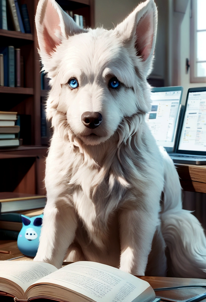 Animation of a white dog, long-eared, blue eyes, cute face and curled tail, sitting at a table with books and a computer studying