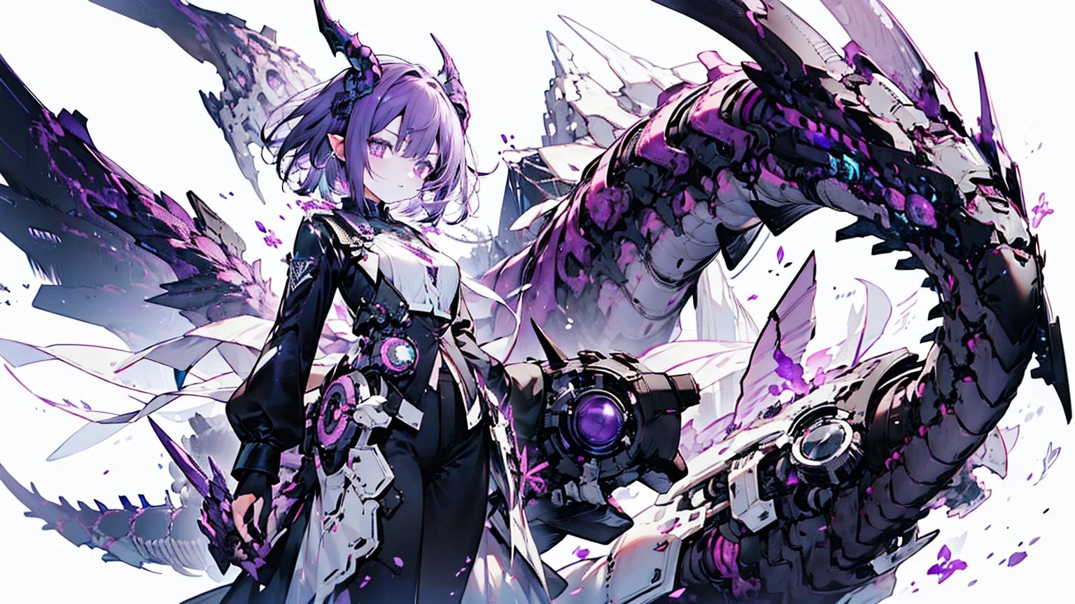 Deep Dark Purple Short bob hair, purple eyes, dark grey long-sleeved shirt, Black trousers, Deep dark purple overcoat, Cyber dragon, hacker, Purple horn, Cyborg, Hologram, Gigantic Purple dragon wing, two dragon head