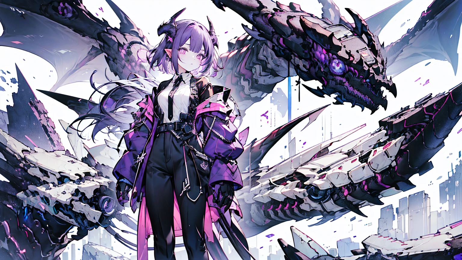 Deep Dark Purple Short bob hair, purple eyes, dark grey long-sleeved shirt, Black trousers, Deep dark purple overcoat, Cyber dragon, hacker, Purple horn, Cyborg, Hologram, Gigantic Purple dragon wing, two dragon head