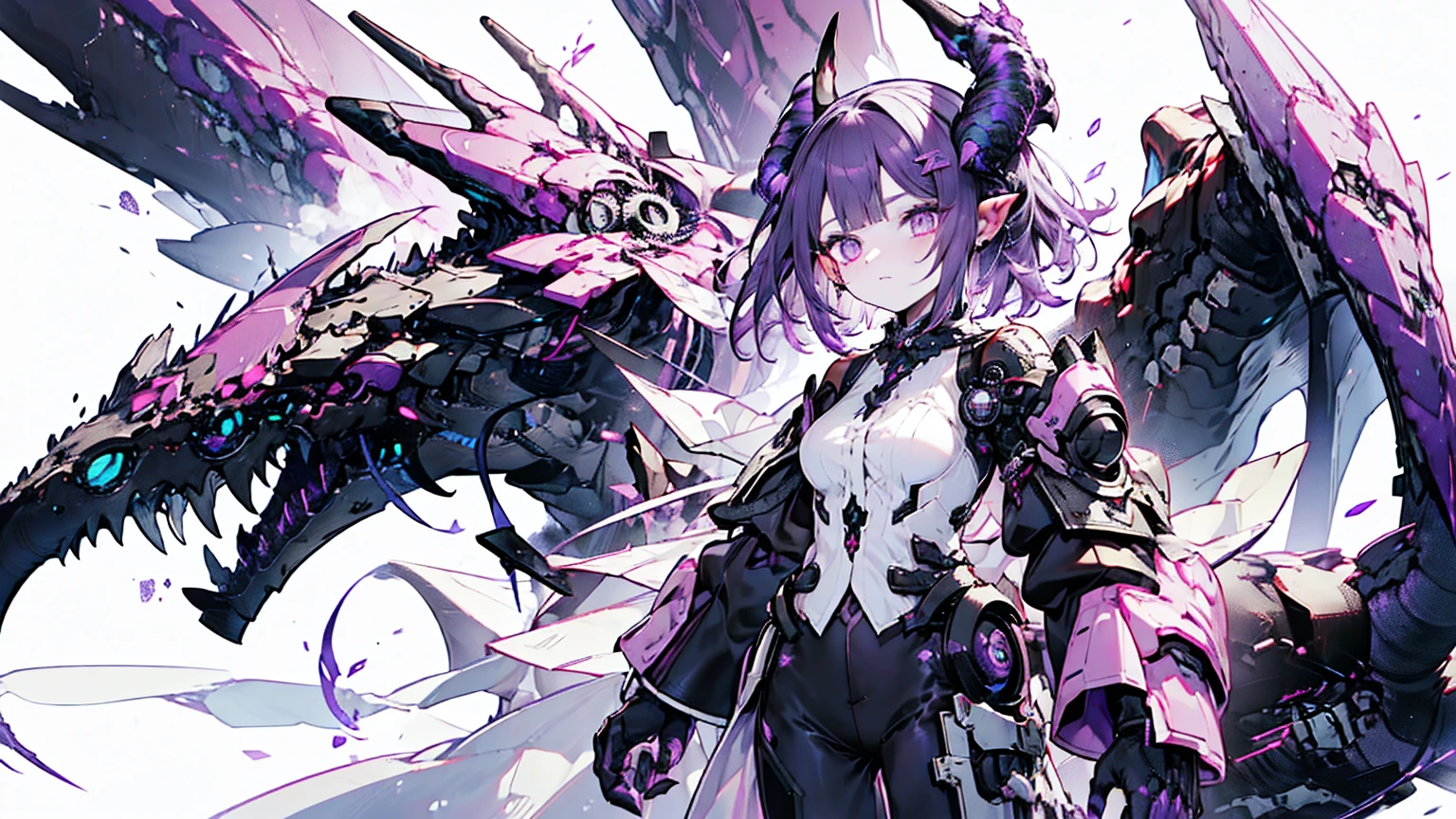 Deep Dark Purple Short bob hair, purple eyes, dark grey long-sleeved shirt, Black trousers, Deep dark purple overcoat, Cyber dragon, hacker, Purple horn, Cyborg, Hologram, Gigantic Purple dragon wing, two dragon head