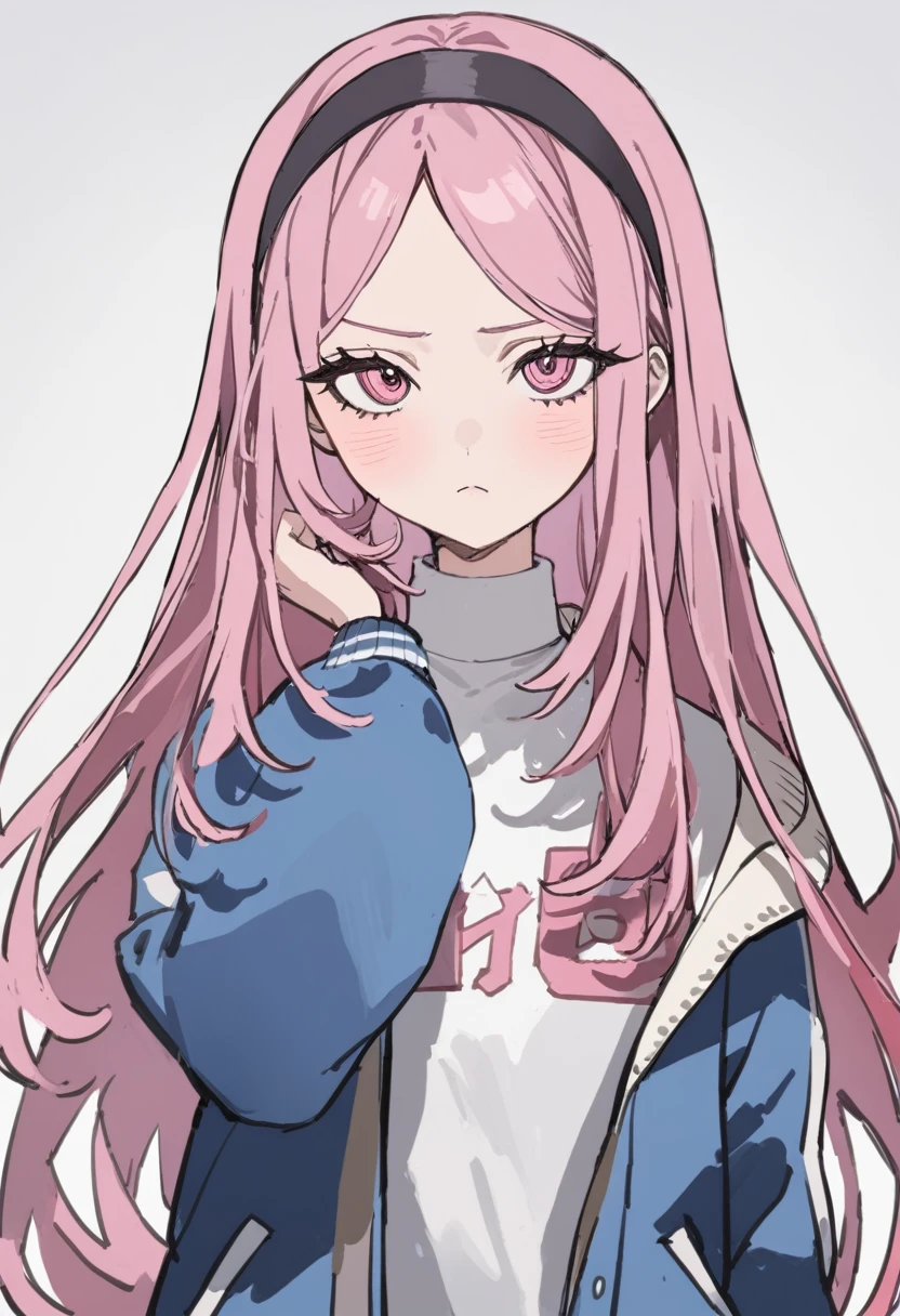 1girl, style:inu totemo, black hairband, blue jacket, blush, bow hairband, closed mouth, dot nose, frown, hairband, hand up, holding own hair, jacket, letterman jacket, long hair, long sleeves, looking at viewer, open clothes, open jacket, parted bangs, pink eyes, pink hair, portrait, print shirt, puffy long sleeves, puffy sleeves, shirt, sidelocks, solo, straight-on, straight hair, turtleneck shirt, white shirt, masterpiece, best quality,