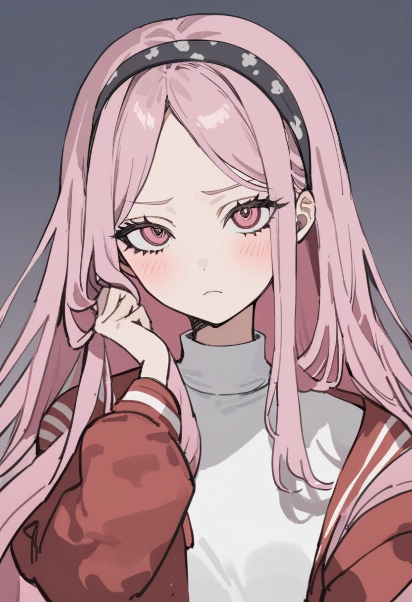 1girl, style:inu totemo, black hairband, blue jacket, blush, bow hairband, closed mouth, dot nose, frown, hairband, hand up, holding own hair, jacket, letterman jacket, long hair, long sleeves, looking at viewer, open clothes, open jacket, parted bangs, pink eyes, pink hair, portrait, print shirt, puffy long sleeves, puffy sleeves, shirt, sidelocks, solo, straight-on, straight hair, turtleneck shirt, white shirt, masterpiece, best quality,  