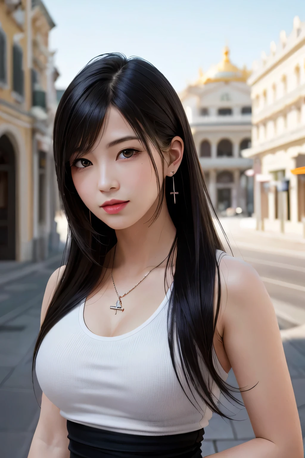 (Highest quality, masterpiece: 1.1), (Realistic: 1.3), break (((FF7,Tifa_Lockhart))),Highly detailed face, Fine grain,(Black brown hair, Large Breasts: 1.2),(Imaginative Macau Women's Page,The background is unique. Stone slab,sunrise), break (Wear a sweater, short_dress,High-quality fabric, White clothes),Dressed,(No bra) ,(Small beautiful hard nipples),(Shiny, oily skin: 1.1), Around 18 years old, break ,Get excited about dancing:1.3,smile,cute,(Cool pose:1.2),wallpaper,Ultra-high resolution,super high quality,