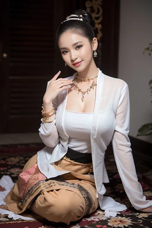 (realistic:1.3), Crazy details, quality, (Masterpiece:1.2), (photorealistic:1.2), (best quality), (Beautiful skin:1.3), (complicated details), Ray tracing, ((full body)), ((ผู้หญิง 1 person)), (((1 person))), 25 years old, short hair, smile, purple dress, patterned skirt, Contrasting colors between dresses and skirts, skirt pattern, earring, necklace, Javanese jewelry, (blurred background), photographer, Breast cleavage, ,bare chest.Nude,Show off your beauty .
