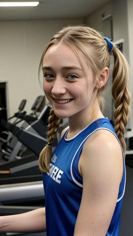 Saoirse Ronan with her hair in pigtails dressed in sportswear at the gym and smiling sexy.