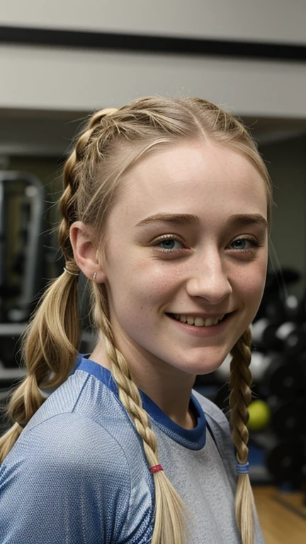 Saoirse Ronan with her hair in pigtails dressed in sportswear at the gym and smiling sexy.