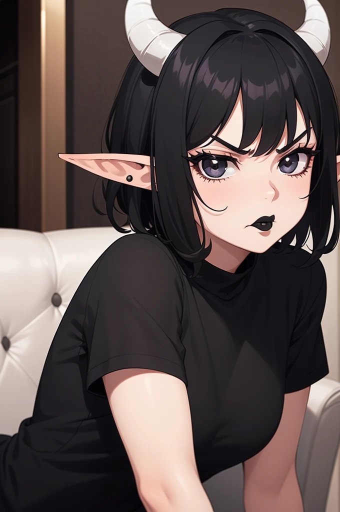 1girl, solo, upper body, black hair, very short hair, very curly hair, black eyes, long eyelashes, thick eyelashes, looking at viewer, angry face, black shirt, goat horns, black horns, elf ears, black lipstick home background, livingroom background