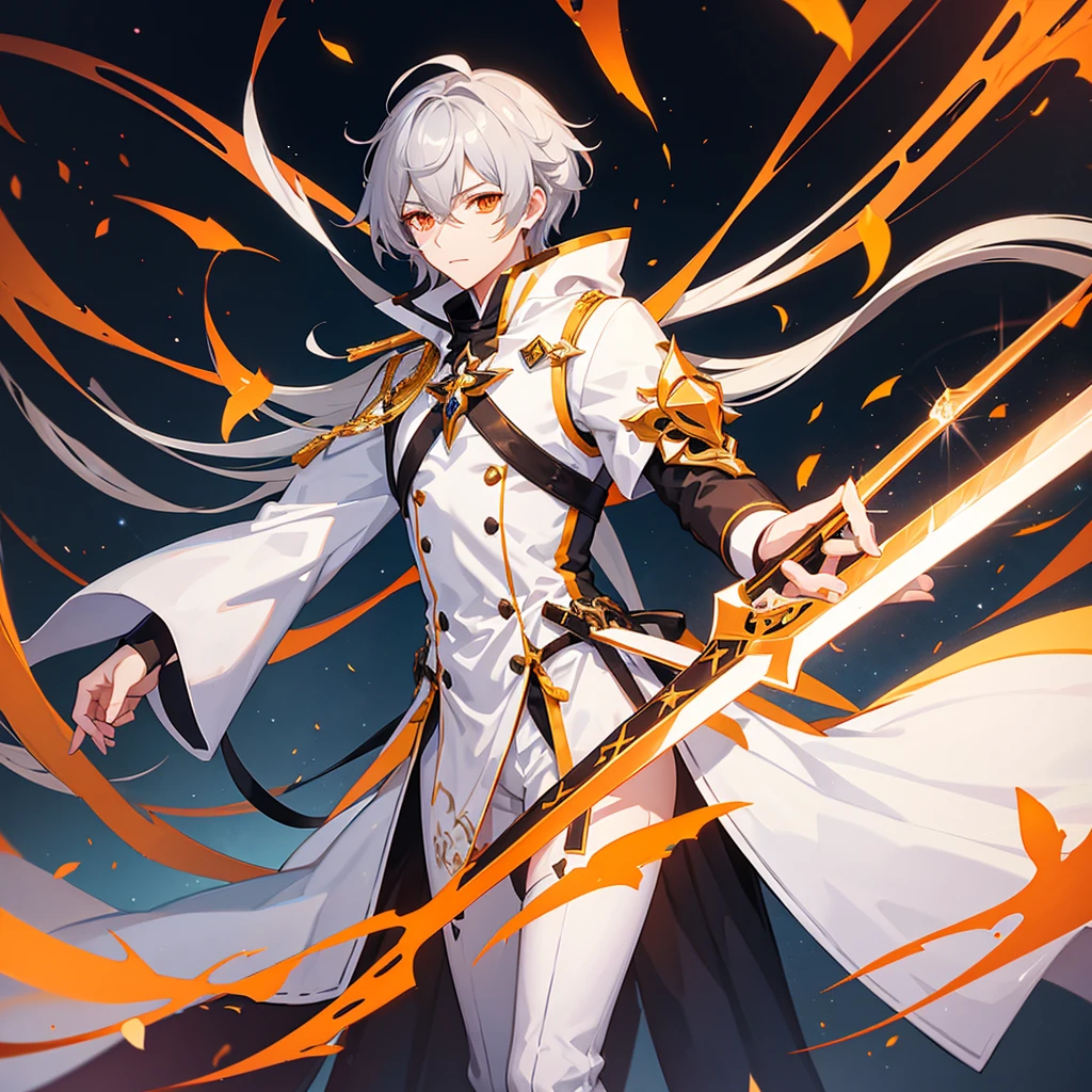 Male character from Honkai Star Rail gray hair and orange eyes with sword and white clothes
