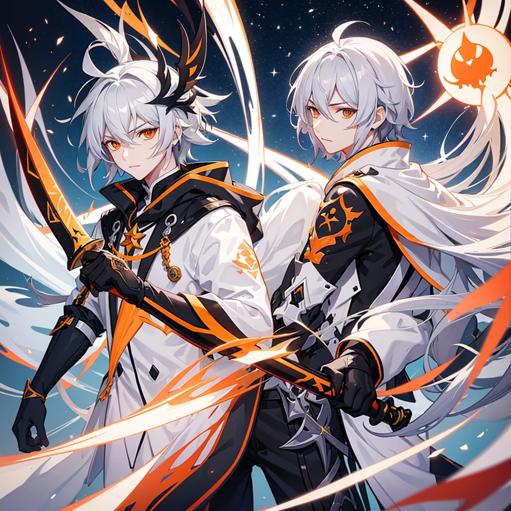 Male character from Honkai Star Rail gray hair and orange eyes with sword and white clothes