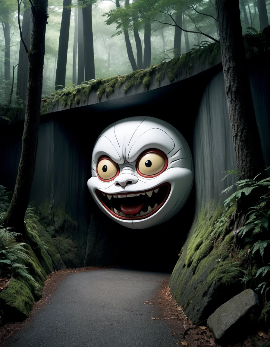 Nurikabe: "Create a hyper-realistic and high-definition image of Nurikabe, a wall-like yokai that obstructs travelers, appearing as an impenetrable barrier in a dark forest."