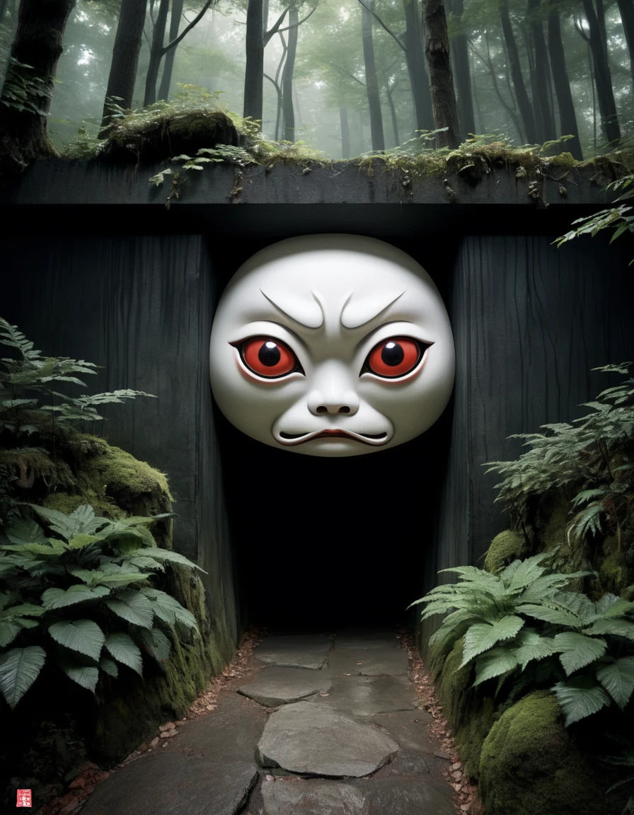 Nurikabe: "Create a hyper-realistic and high-definition image of Nurikabe, a wall-like yokai that obstructs travelers, appearing as an impenetrable barrier in a dark forest."
