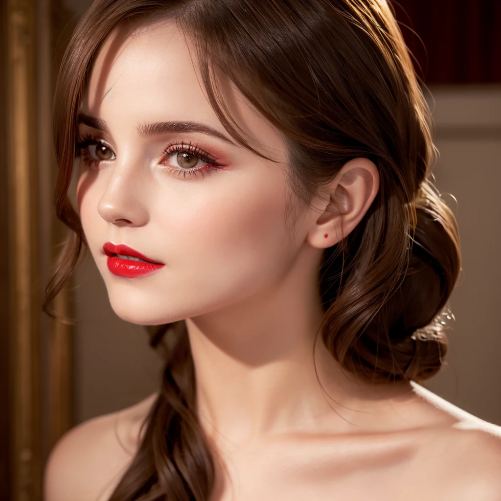 there is a woman with Red lipstick and a red lip, light-Red lips, Focus on pursed lips, luscious Red lips, Red lipstick on face, Red lips, faint Red lips, wide golden eyes and Red lips, detailed face with Red lips, Sexy lips :5 Stylish, Emma Watson&#39;s face, Red lipstick, high cheekbones, Winona Ryder