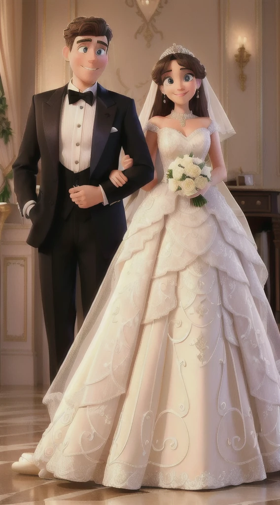 A man and a woman in formal attire pose for a photo, wedding, Cute couple, Elegant couple, portrait，(best quality,high resolution,masterpiece:1.2), Disney Pixar style couple, Extremely detailed, Vibrant colors, Stage lighting