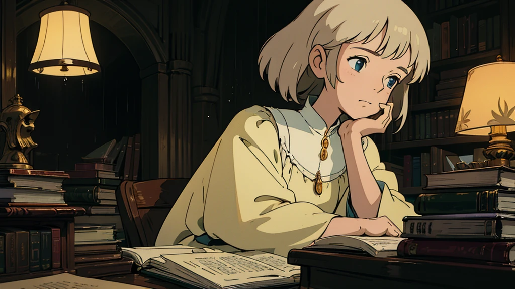 A girl, ensconced in a cozy corner on a rainy evening, sits surrounded by a jumble of books with an intensely profound study attitude. The soft yellow glow of the desk lamp illuminates her thoughtful expression, revealing her deep concentration and composed posture. Her inquisitive eyes dart back and forth between the pages, her nimble fingers turning them with subtle tilt, as she absorbs the old world wisdom contained within. The timeworn margins and sultry aura of the books add to the quiet night ambiance, creating a peaceful and tranquil countenance. This scholarly young woman, clad in plain attire, appears to be a seeker of knowledge and intellect,Width cat