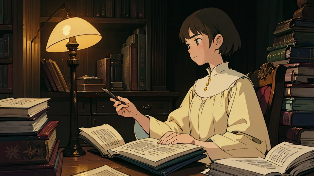 A girl, ensconced in a cozy corner on a rainy evening, sits surrounded by a jumble of books with an intensely profound study attitude. The soft yellow glow of the desk lamp illuminates her thoughtful expression, revealing her deep concentration and composed posture. Her inquisitive eyes dart back and forth between the pages, her nimble fingers turning them with subtle tilt, as she absorbs the old world wisdom contained within. The timeworn margins and sultry aura of the books add to the quiet night ambiance, creating a peaceful and tranquil countenance. This scholarly young woman, clad in plain attire, appears to be a seeker of knowledge and intellect,Width cat