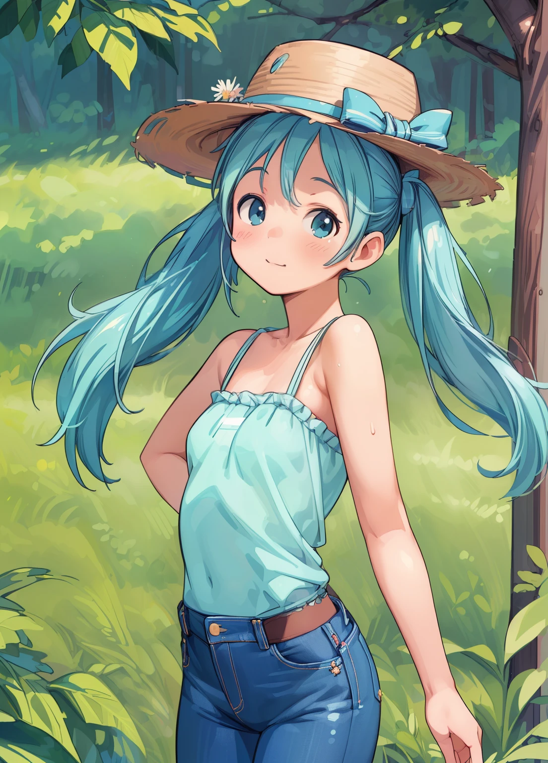 (masterpiece、Highest quality、Highest quality、Official Art、Beautiful and beautiful:1.2)、(One girl:1.3)Hatsune Miku、Twin tails,Beautiful breasts,(Highest quality, High resolution, 8K, Super detailed, Realistic:1.37), Cowgirl, Cowboy hat, Indigo Denim Shorts, Shiny tights