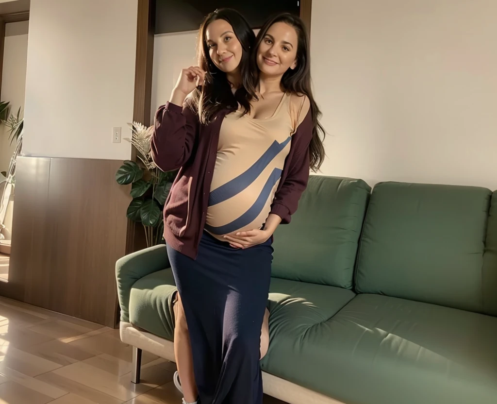 2 heads, Two mothers, 36 years old, During pregnancy, Curvy, Casual Dresses, sneakers, Happy, Sitting on the couch,