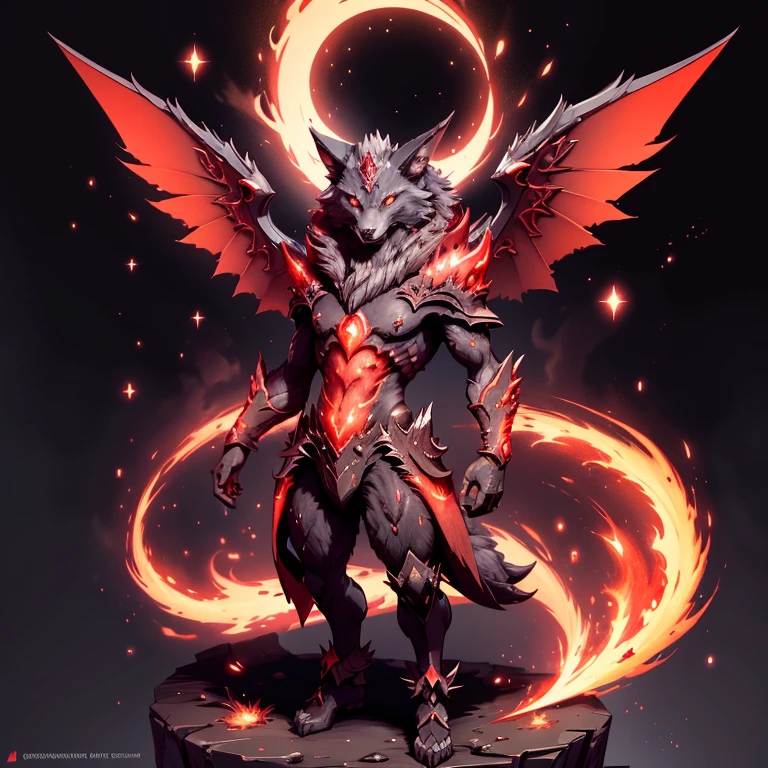 (1 wolf) full body, a white eyed dark red carbuncle, a winged four pointy ears with magma and lava, red spike wings, lava energy around, volcano background, magma background