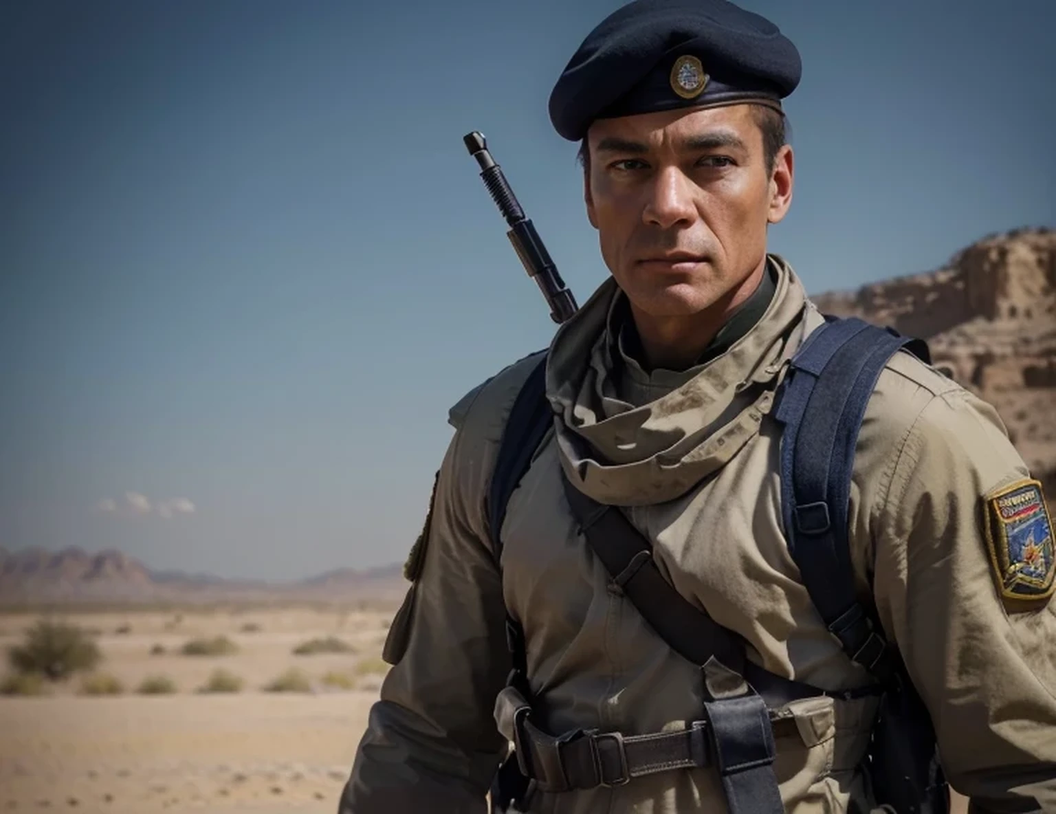 soldier Sand-colored French legionary uniform with navy blue details, military beret, face is young Jean-Claude Van Damme, serious expression, modern bulletproof vest, ammunition belts, he is in the desert, explosions and fire, ultra realistic, Ultra detailed, hyperrealistic, 4k, Ultra detailed image, realistic, Highly detailed, perfect composition, gorgeous, Intricately detailed, incredibly detailed, Art photography 8K, hyper detailed, Masterpiece, Ultra detailed, hyper realistic, 4k, Ultra detailed image, realistic, Highly detailed, perfect composition, beautiful, intricately detailed, incredibly detailed, 8k fine art photography, hyper detailed, Masterpiece