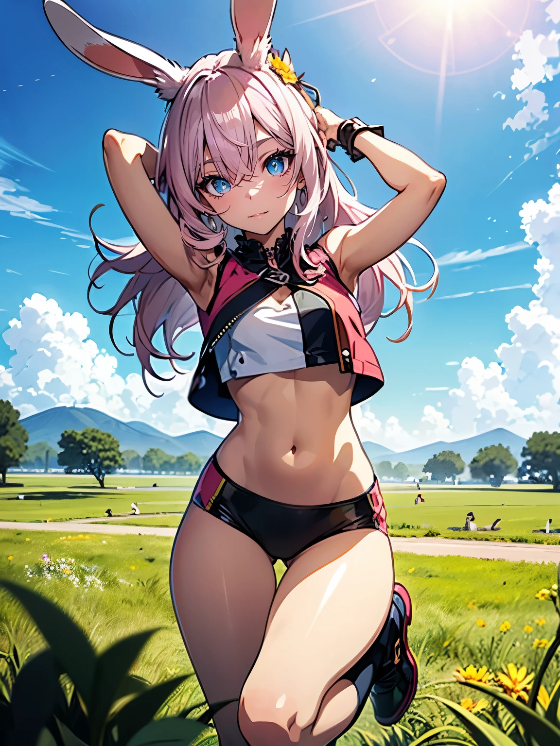 ((Seductive Anime Girl:1.3, solo:1.5))、((age girl:1.2))、((fusion of rabbit and girl:1.4))、grassland、((happy smile:1.3))、energetic、((pink color, leather clothes))、((Being in grassland:1.3)), erect nipples、((jumping:1.3))、((open clothes:1.2))、((crop top navel:1.2))、((small breasts))、((sleeveless:1.2))、((Glossy realistic skin texture))、ultra-detailliert, hiquality, Top image quality, digitial illustration, Smooth texture、shiny skin、Sharp Focus