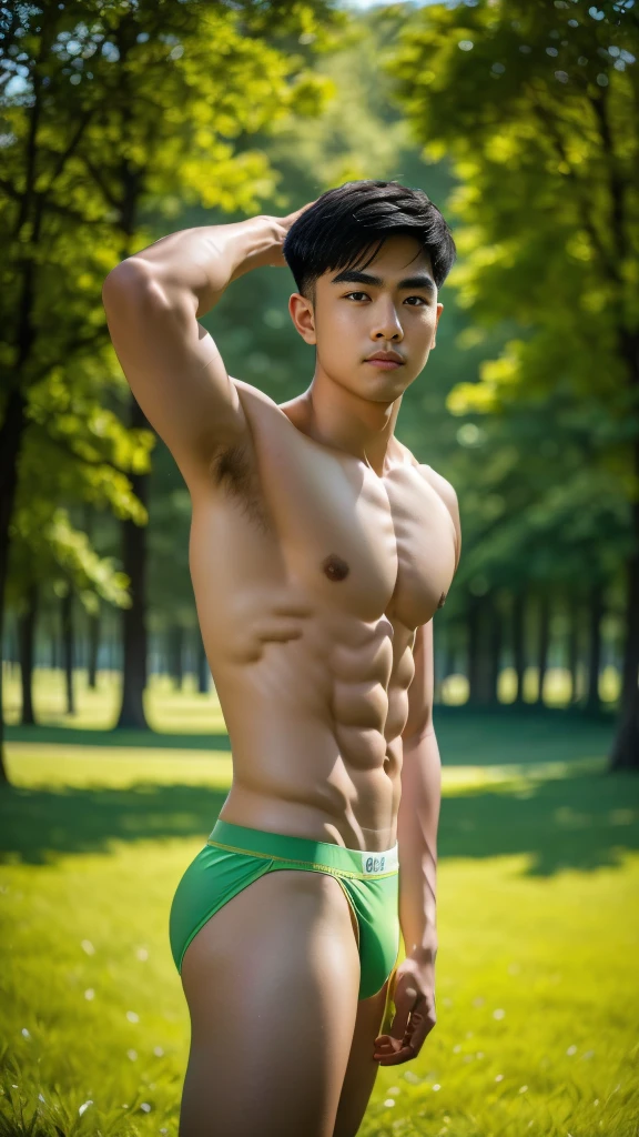 Best quality, offical wallpaper, 1boy, A sunny morning，grassy fields，ln the forest，Wearing a thong underwear,  Realistic, Photorealistic,  (EOS R8,50 millimeters,F1.2,8K,RAW photo:1.2), Bokeh