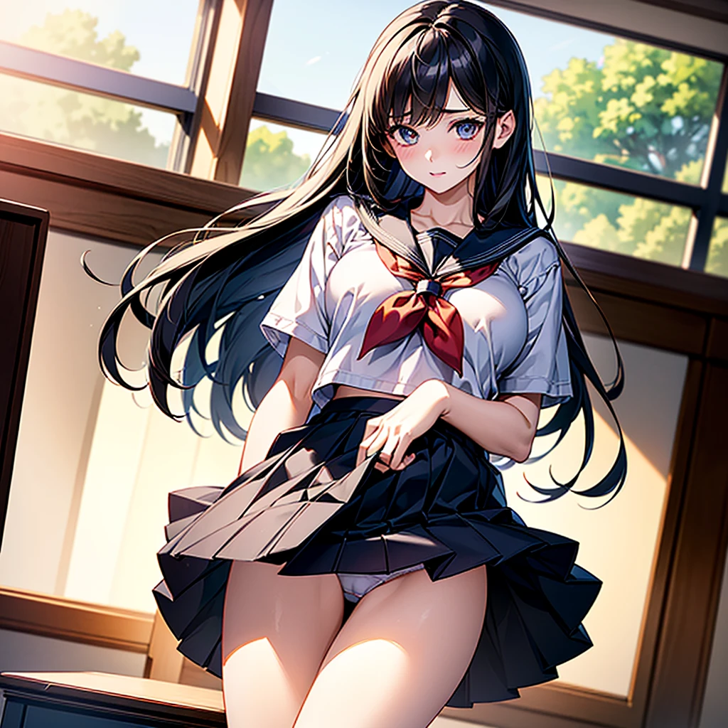 (masterpiece、Highest quality、High resolution、Highest quality、Realistic depiction)Created by Girl(whole body)、Long Black Hair、Beautiful Eyes、high school girl、Classroom after school、Showing her underwear at a low angle、Panty shot、Sailor suit、Big Breasts、Chest、She spreads her legs wide to show her underwear.、Crotch Emphasis、Embarrassed